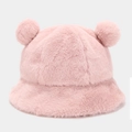 Close-up of plush pink bucket hat featuring cute double pom-poms and bear ear details - M (56-58cm) / Pink