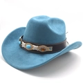 Detail of blue felt cowboy hat with brown leather band and turquoise stone embellishments - M (56-59cm) / Peacock Blue Suede