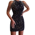 Detail of beaded tassel shoulders and shimmering sequins on a halter neck mini dress - S / Black