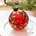 Pallina di Natale rossa da 8cm in vetro dipinta a mano con glitter oro e strass - Rosso Ramo Glitter Oro Verde Con Strass Rosso (Modello D)