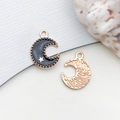 Golden moon charm with black enamel inlay and star detail for jewelry making - Moon (11904) / 1 Piece (12x16mm) / Black