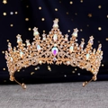 Golden Baroque bridal crown with colorful crystals and star-patterned dark blue backdrop - Gold AB Crystal