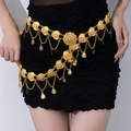 Golden heart fringe waist chain with embossed flower petals on a black dress - Heart Rose Waist Chain / Gold / 22.5