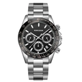 Men's silver chronograph watch with black dial and metallic band by KIMSDUN - 1811 Silver Case Black Dial - Steel Strap (Hollow Bottom)