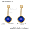 Detailed view of blue glass earrings with stainless steel zircon settings and size specs - Blue Earrings