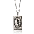 Silver rectangle tarot necklace featuring The World card pendant on a curb chain - WORLD / Steel