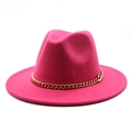 Close-up of golden metal chain detail on magenta wide-brim wool fedora hat - M (56-58cm) / Rose Red