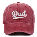 Close-up of Dad embroidery on vintage washed red cotton canvas baseball cap - Wine Red (Dad)