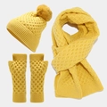 Flat lay of yellow honeycomb knit winter set including pompom hat, scarf, and fingerless gloves - Yellow