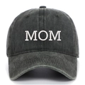 Close-up of MOM embroidery and washed cotton texture on dark grey baseball cap - MOM Embroidery / Army Green
