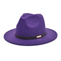 Detail of dark purple wool fedora hat featuring black leather band and gold buckle - Purple