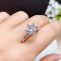 Silver moissanite ring with round center stone and pave-set twisted band on model's hand - 2 Carats [8mm] White Gold Ljz-03 / Adjustable Open