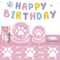 Pink puppy paw party supplies set with paper plates, cups and Happy Birthday banner - 54*108inch / Pink/Tablecloth