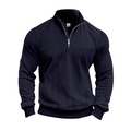 Retro half-zip knit sweater in navy blue featuring waffle and cable knit patterns - S / Navy Blue