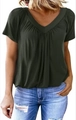 Detail of dark green V-neck T-shirt showing ruched front and raglan sleeve design - M / Olive Green
