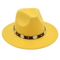 Detail of yellow fedora hat featuring a black leather band with silver metal rivets - One Size (57cm) / Yellow