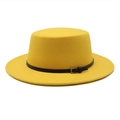 Detailed texture of ginger wool felt hat featuring a slim black leather belt and buckle - M (56-58cm) / Yellow