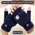 Winter knitted navy blue convertible gloves with flip top and warm plush lining - Navy Label Style