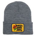 Detail of grey knitted beanie with Have a Nice Day yellow patch embroidery texture - Adult - Adjustable / Medium Heather Grey
