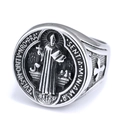 Vintage St. Benedict medal ring in silver with religious figure and cross engravings - Steel St. Benedict Style (28306)