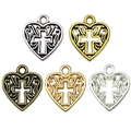 Vijf verschillende metalen hartkruis hangers in goud, zilver, brons en metallic - Hol Kruis met Hartpatroon 16x14mm