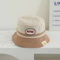 Beige and brown corduroy bucket hat for kids with embroidered letter patch - 52cm (2-5 Years) / Letter KYM / Khaki