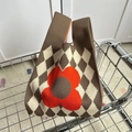Brown knit tote bag with beige diamond pattern and vibrant orange flower detail - Khaki Argyle Small Flower