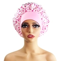 Pink satin sleeping cap with dark pink star pattern and wide elastic headband - 10880 Pink Star