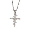 Silver stainless steel cross pendant necklace with embossed floral design and rope chain - August / Steel