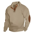 Detail of khaki waffle knit sweatshirt featuring stand collar with buttons and elbow patches - Khaki