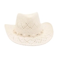 Cappello da cowboy in paglia bianco crema con trama traforata e fascia decorativa - Bianco (Perline a Cuore Bianche)
