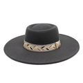 Dark grey wide brim wool fedora hat with bohemian woven chevron band decoration - M (56-58cm) / Dark Gray