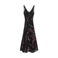Robe midi élégante en soie noire à imprimé fleuri avec col en V et sans manches - XS / Noir Imprimé