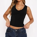 Schwarzes Y2K Ärmelloses Crop-Top mit Rüschen-V-Ausschnitt und Raffung vorne - M / Schwarz