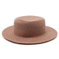 Detail of fine flat weave texture on khaki boater straw hat with a wide brim - M (56-58cm) / Dusty Pink