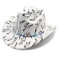 White wide brim cowboy hat with black seagull print and beaded starfish headband - Fedora Top White (Seagull Print)