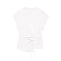 Detail of white wrap-around sleeveless top featuring waist tie-up design and woven texture - White Top