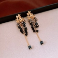 Macro detail of golden flower earrings with black crystal tassels and square pendants - 9# Black Flower Tassel (Silver Earring Post)