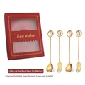 Golden stainless steel dessert cutlery set with pink heart charms in a red gift box - 4PCS Red Box 304 Pink Heart Spoons & Forks / Silver