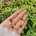 Adjustable 18k gold plated beaded bracelet with red agate, pearls and religious medal - Virgin Mary Pendant / Red Natural Stone / Red