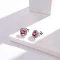 Boucles d'oreilles carrées en argent avec pierre rose et pavé de diamants brillants - Style Argent Pierre Rose (ER-459)