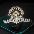 Golden bridal crown with white pearls and sparkling rhinestones on dark green tray - KC Gold White