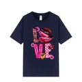 Navy blue cotton T-shirt featuring a graphic LOVE print with floral and lip motifs - XS / Navy Blue