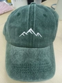 Vintage dark green washed cotton baseball cap with white mountain peak embroidery - Adjustable Free Size / Washed Green