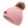 Bonnet en tricot rose avec pompon en fausse fourrure et patch en cuir enfant - 40-50CM / Rose foncé