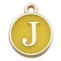 Golden round pendant with light yellow enamel featuring a metallic letter J for DIY jewelry - Letter J Style / 1 Piece (12x14mm) / Yellow