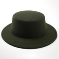 Close-up detail of a vintage dark wool felt flat top boater hat with a wide brim design - Army Green