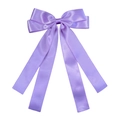 Detail of lavender satin double bow hair clip with four long elegant flowing ribbons - Purple
