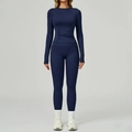 Dunkelblaues Yoga-Set für Damen mit langärmligem Oberteil und hoher Taillen-Leggings - S / Langarm + Lange Hose - Mitternachtsblau