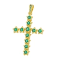 Golden cross pendant with eleven round green emeralds and star-shaped settings - Pendant 31 (Gold Star Green Stone Cross)